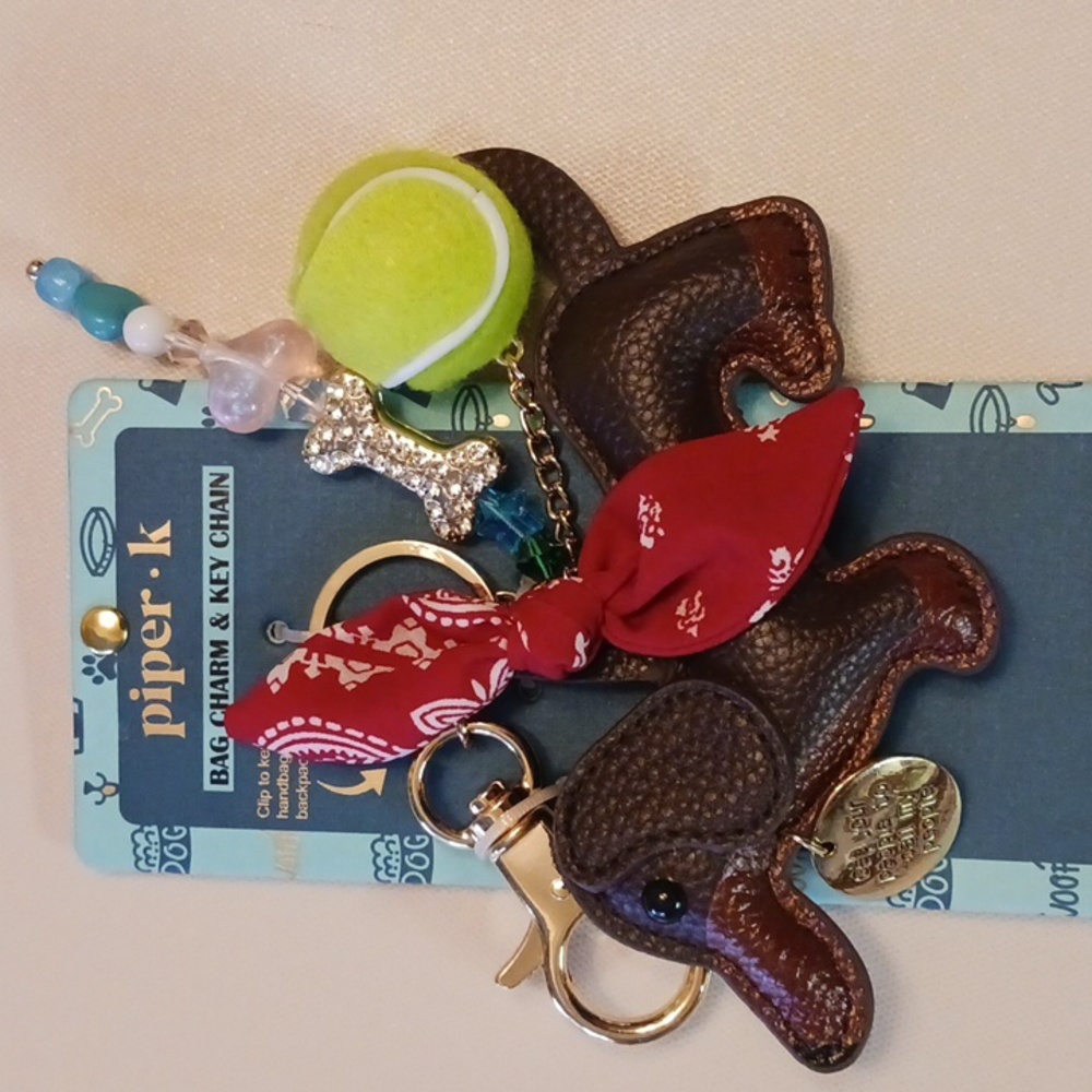 Piper K Brown Leather Dachshund Keychain Handbag Charm Red Bandana & Charms 🐕❤️
